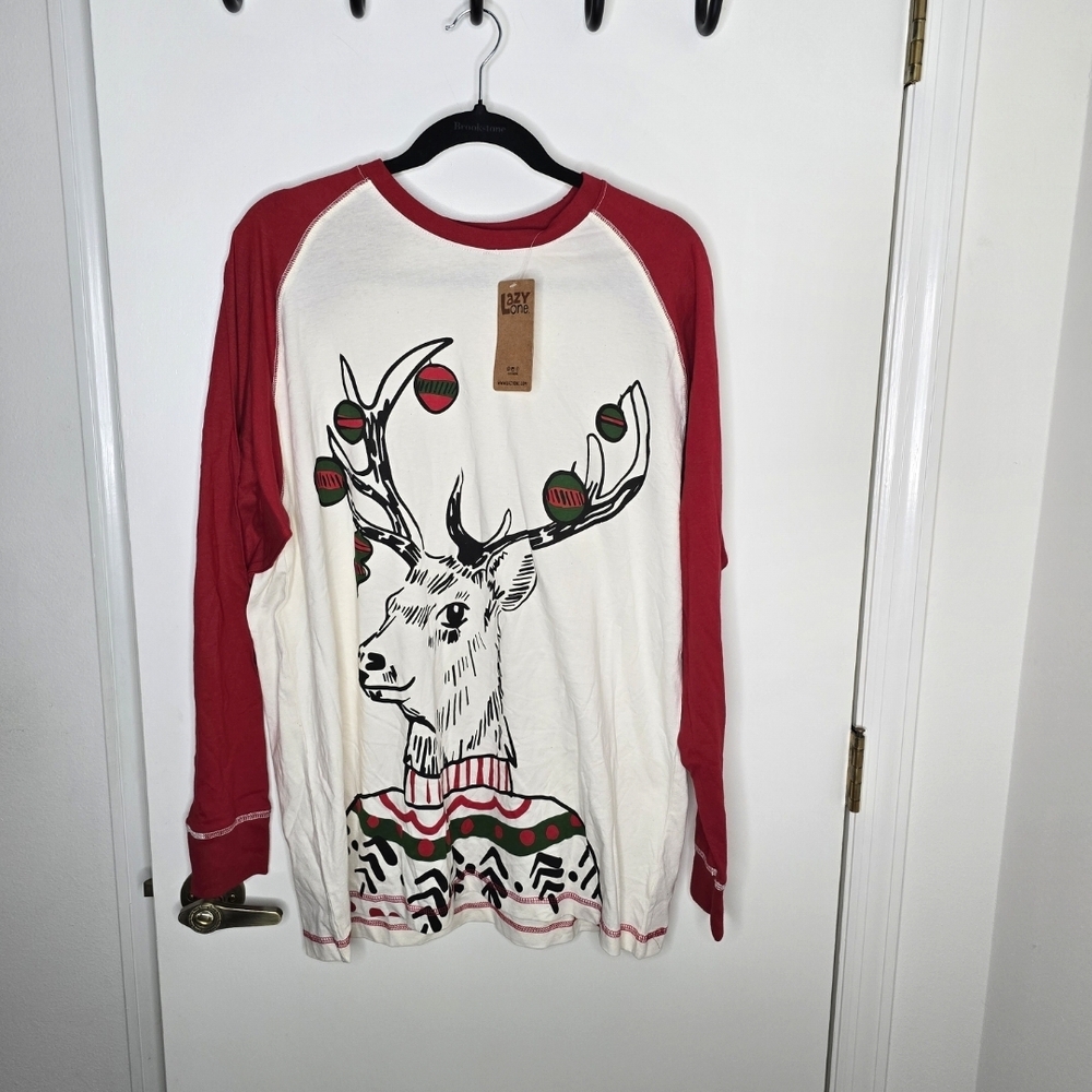 Lazy One Deer Christmas Long Sleeve Pajama Top Large NWT